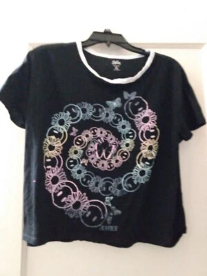 Girls Juniors Justice XL 16/18 Black Smiley Face Butterfly Flower T-shirt - Image 1 of 4