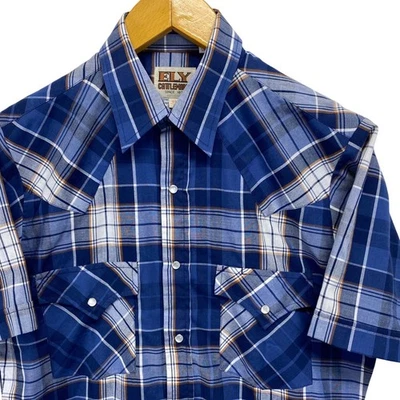 ELY Cattleman Western Plaid Short Sleeve Shirt Mens 14 1/2 Small Cowboy Rodeo - Image 1 of 4