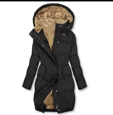 Chaqueta acolchada cálida de invierno para mujer - Abrigo largo forrado de lana gruesa, negro Foto 1 de 4