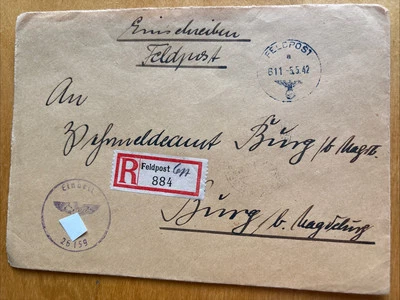 Feldpost Briefumschlag, Einschreiben 884 Mit Blauen Feldpost Stempel 1942 ￼ - Bild 1 von 4