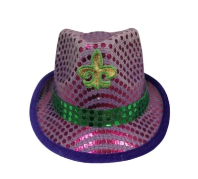 Mardi Gras Purple LED Sequin Fedora with Gold Fleur De Lis - Image 1 of 3