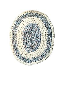 Handmade Oval Crochet Rag Rug Shades of Blue & Cream Farmhouse Country 26" x 31"