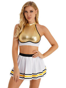 Women Adults Cheerleading Costumes Metallic Shiny Crop Top Striped Pleated Skirt