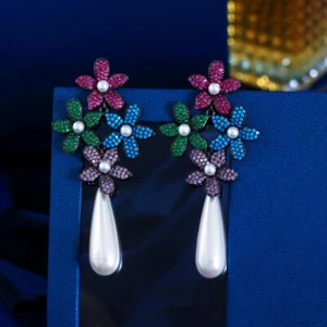 Belleza Pendientes Colgantes Flores Largas Multicolor Chapados en Oro Negro Circonita cúbica - Imagen 1 de 7
