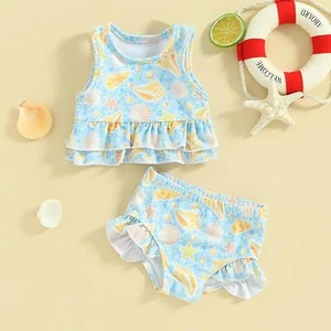 Newborn Toddler Baby Girl Swimsuit Sleeveless Beach Print Top+Shorts Summer Sets - Picture 1 of 14