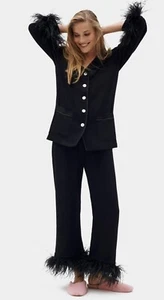 NEW! Sleeper Women's Sz M Party Ostrich Feather-Trim 2-Piece Pajama Set Black - Picture 1 of 9