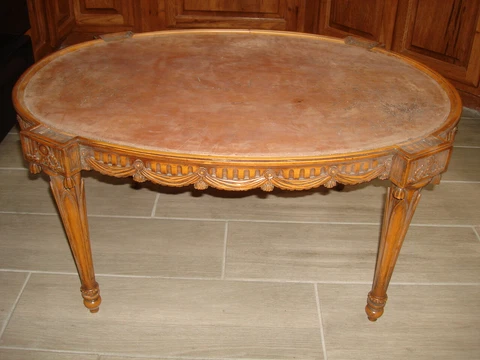Vintage American Hand Made Pig Skin Leather Coffee Table Hand Carved Wood MINT!! Cover