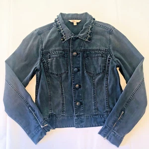 CAbi Women’s Size M Black Denim Jacket Beaded Gems Distress Jewel Moto Gothic - Picture 1 of 9