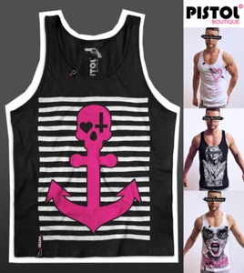 Pistol Boutique Men's Black SKULL HEART CROSS ANCHOR STRIPES Vest Singlet Tank - Picture 1 of 13