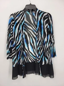 Chicos Travelers Jacket Womens Small 0 Black White Blue Zebra Print Mesh Open - Picture 1 of 12