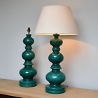 A Pair of Bitossi Style Italian Green Bobbin Glazed Pottery Ceramic Table Lamps