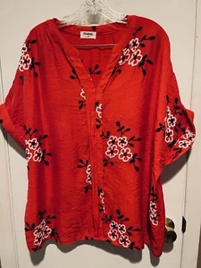 Kindred Red Blouse Womens Floral Embroidered Anthropology Casual Top Size 2X - Picture 1 of 6