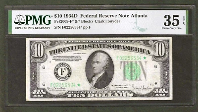 1934-D $10 ATLANTA ** STAR NOTE ** SUPERB PMG CHOICE VERY FINE 35 EPQ AND RARE - Image 1 of 2