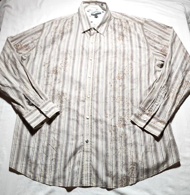 Camisa Johnston & Murphy Para Hombres XXL Calce Ajustado Beige Rayas Floral Perla Botón a Presión Foto 1 de 4