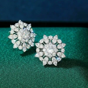 3 Ct Round Cut  Lab Created Diamond Cluster Stud Earrings 14k White Gold Finish - Picture 1 of 5
