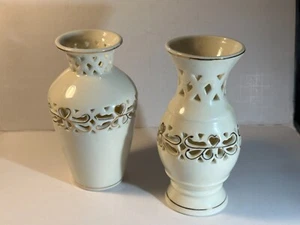 Pair of Vintage Ceramic Gilded Reticulated Vases with Hearts & Wicker - Picture 1 of 11