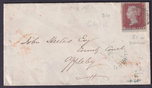 1856 1d Red SG29 Pl 24 TK Railway Mail Guard Gt Northern Railway APPLEBY PENRITH - Picture 1 of 2