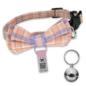 NaviTagi Cat Breakaway Collar XS Bell Bow Tie Personalized QR ID Kitten Adult - Picture 1 of 5