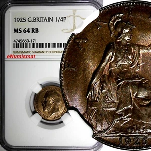 Great Britain George V Bronze 1925 Farthing NGC MS64 RB LAST YEAR  KM# 808.2 (1) - Picture 1 of 4