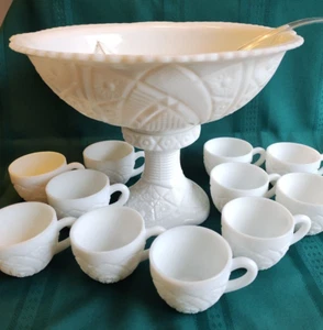 Vintage McKee Concord Milk Glass Pedestal Punch Bowl Set Ladle 12 Cups See Pics - Picture 1 of 10
