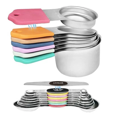 Multicolor Magnetic Measuring Cups and Spoons Set, Stainless Steel Dual Measu... - Image 1 of 4
