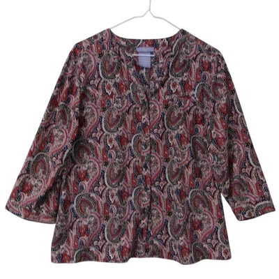 Blusa Top Laura Scott Petite Estampado Cachemira Cuello en V Manga 3/4 Rojo Azul LP Grande Foto 1 de 3