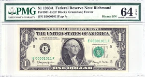 1963-A $1 FRN PMG Choice Unc 64EPQ Fancy TRUE 0/1 BINARY Serial #E00001011F - Picture 1 of 2