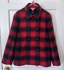 Brooks Brothers Red Fleece Women’s Plaid Tartan Wool Pea Coat Jacket 12 - Picture 1 of 8