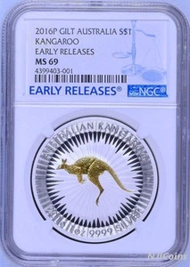 2016 P Australia GILDED Silver Kangaroo NGC MS 69 1 oz Coin w/OGP gilt ER LABEL - Picture 1 of 3