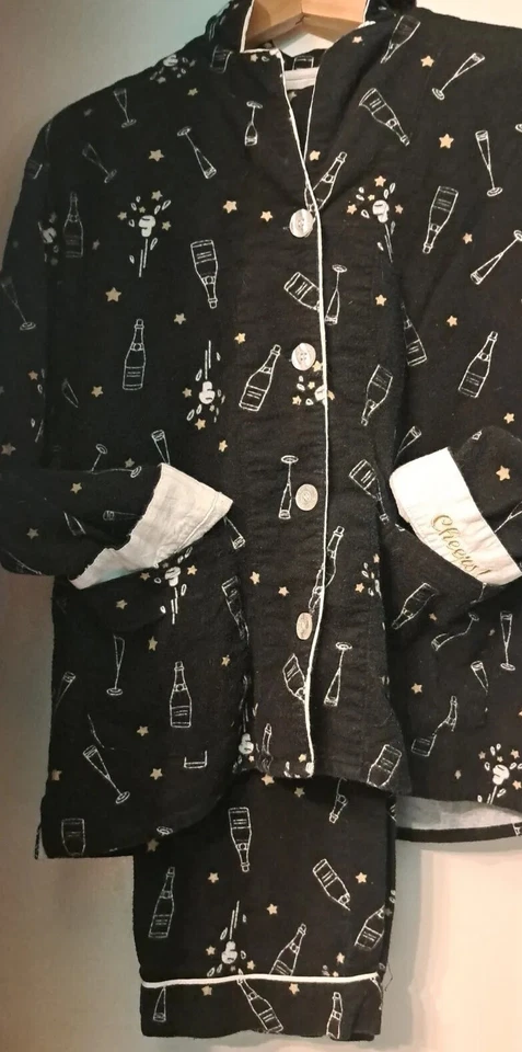 Juego de pijama PJ Salvage Champaign Cheers para mujer negro blanco dorado algodón XS bolsillos Foto 1 de 4