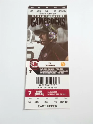 2011 Clemson Tigers South Carolina Football Full Unused Ticket Stub Cover