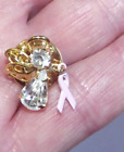 Gold tone clear stone pink ribbon cancer support Guardian Angel lapel pin