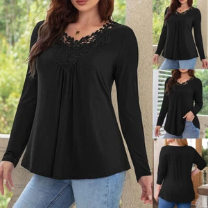 Womens Lace V Neck Tunic Tops Tee Ladies Long Sleeve Ruffle Loose T-Shirt Blouse - Picture 1 of 15