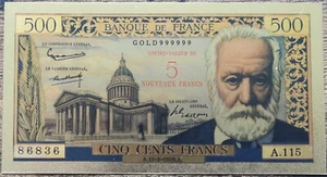 Billet 500 francs VICTOR HUGO surchargé 5 NF 1959 réplique polymère gold or - Afbeelding 1 van 2