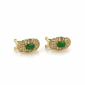 14k Yellow Gold & Jade 1ct Diamond Fancy Oval Shape Post Clip Earrings - Picture 1 of 5