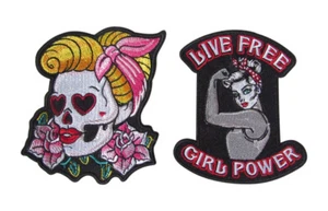 Lot de 2 patchs écusson thermocollant tête de mort pin-up et girl power. - Imagen 1 de 2
