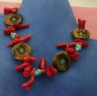 Vintage Artisan Tiger's Eye Discs W Sim Red Coral & Turquoise Choker Necklace