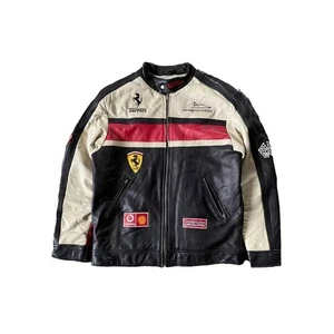 Ferrari Racing Leather Jacket Vintage Style F1 Logo White Racing Leather jacket - Picture 1 of 3