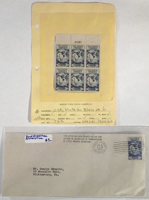 1934 Byrd Antarctic Expedition DELAYED cover +MINT #733 BAE2 3c Plate Block of 6 - Image 1 of 4