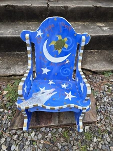 Folk Art Childs Chair Painted Wood Possum Frog Signed Natalie - Picture 1 of 9