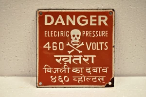 Vintage Porcelain Enamel Danger Sign 460 Volts Electric Pressure Skull Hindi Ind - Picture 1 of 4