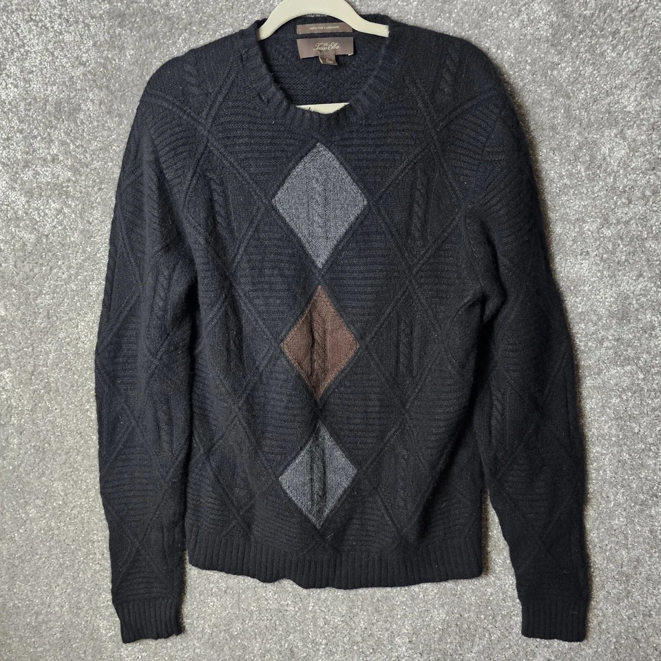 Tasso Elba Mens Cashmere Sweater Med Black Argyle Old Money Grandpacore Golf Y2K - Image 1 of 4