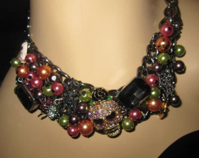 BETSEY JOHNSON HALLOWEEN SKULL SPIDER GHOST BLING FAUX PEARLS STATEMENT NECKLACE - Image 1 of 4