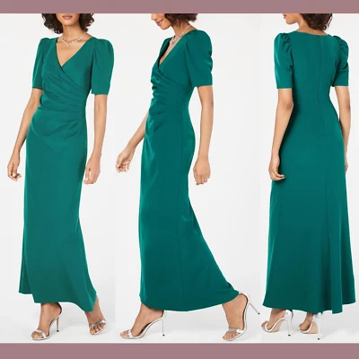 NWT Adrianna Papell [PETITE SZ 4P ] Puff-sleeve Ruched Gown In Dark Jade #S106 - Image 1 of 4
