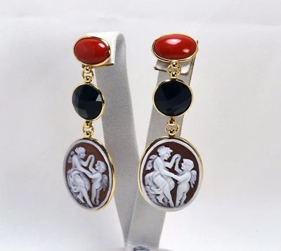 Pendientes de Oro Amarillo 18KT Con Coral Rojo Ónix Camafeos Sardónico Oght 0720 - Imagen 1 de 3