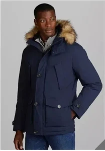 Jos A Bank Collar Parka Mens S Navy Tailored Fit Removable Faux Fur Insulated - Picture 1 of 16