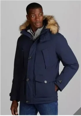 Jos A Bank Collar Parka Mens S Navy Tailored Fit Removable Faux Fur Insulated - Image 1 of 4