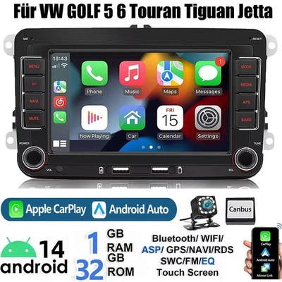 Android 15 Autoradio Carplay GPS Navi Kam Für VW GOLF 5 6 Touran Tiguan Polo EOS - Bild 1 von 4