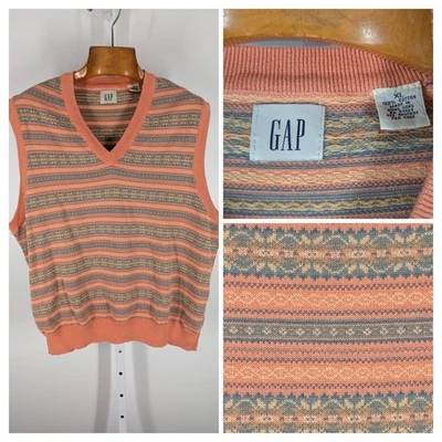 Vintage 90s Gap Sweater Vest Men's XL Salmon Orange V-Neck Fair Isle Knit Cotton - Image 1 of 4