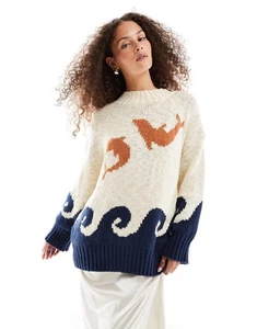 Vrg Grl Women's Blue Ace Of Something Dolphin Intarsia Oversized Sweater - Picture 1 of 9